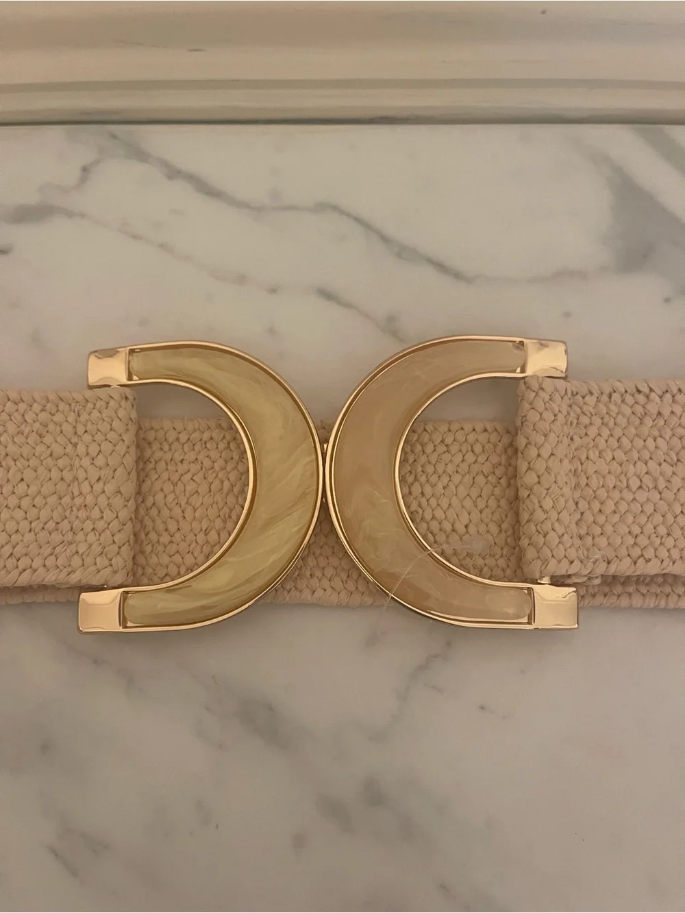 New York & Company Cream Elastic Belt with Gold Crescent Buckle